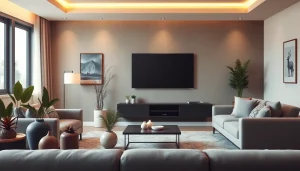 Odkryj telewizor 75 cali w nowoczesnym wnętrzu salonu, otoczone eleganckim wystrojem.