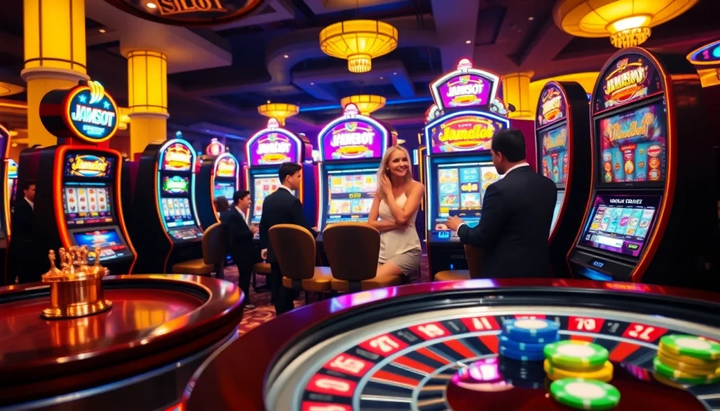 Players enjoying the wins at JAMUSlot, surrounded by vibrant slot machines and casino excitement.