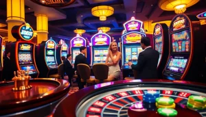 Players enjoying the wins at JAMUSlot, surrounded by vibrant slot machines and casino excitement.