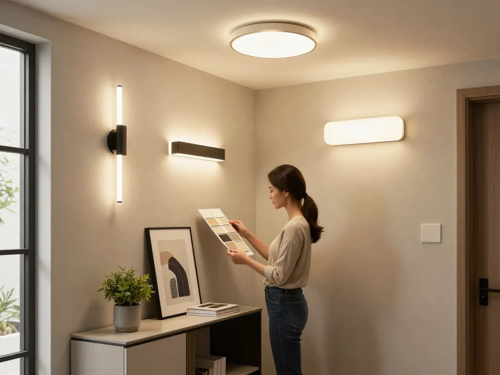 Stylish hallway light fixtures illuminating a modern interior design scene with a designer reviewing samples.