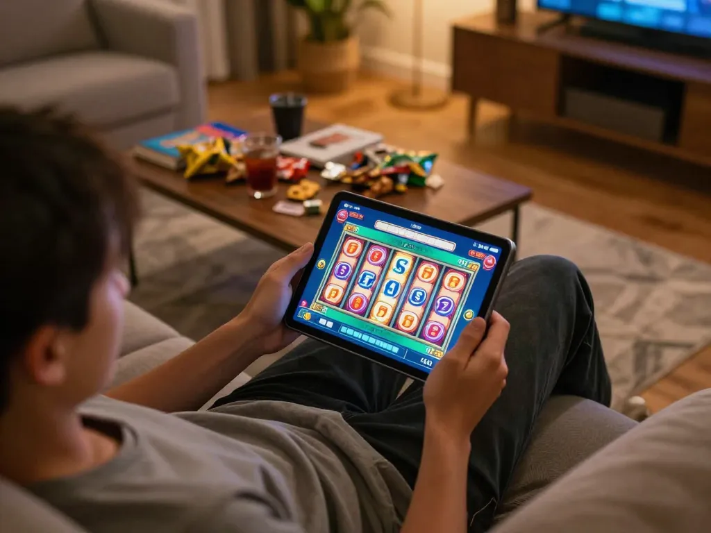 Engaging with slot mahjong game on tablet in a cozy home setting, showcasing lively gameplay and responsible gaming atmosphere.