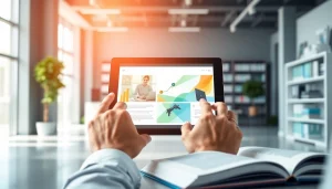 Showcasing brochure website design essex with a tablet displaying modern graphics in an office.