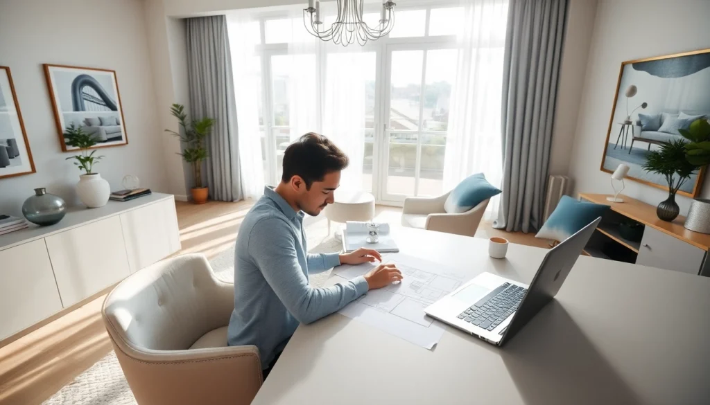 Projektant wnętrz online pracujący nad nowoczesnym projektem w eleganckim biurze domowym.