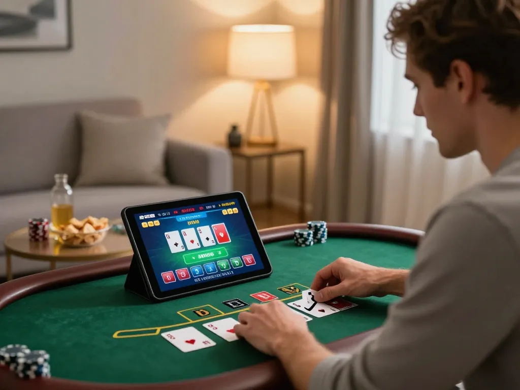 Player enjoying online casinos Canada on a tablet, engaged in live blackjack gameplay at home.