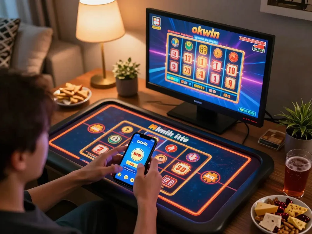 Engaging with the okwin app for online gambling from home in a cozy setting.