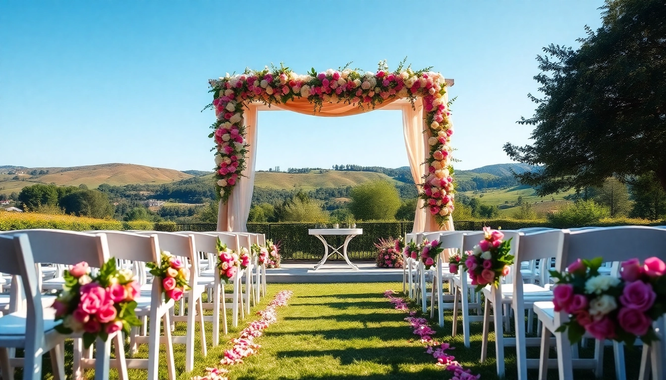 Romantische Hochzeit in einer traumhaften Location mit Blumen und Dekoration.