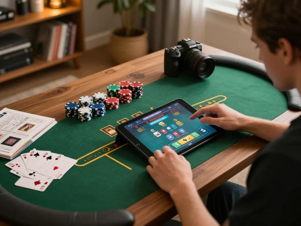 79 king player engaging in a blackjack game online on a tablet in a cozy home setting