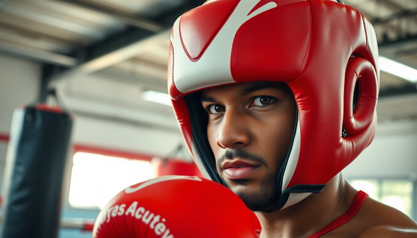 Un boxeador utiliza un casco de boxeo durante el entrenamiento intenso de boxeo.