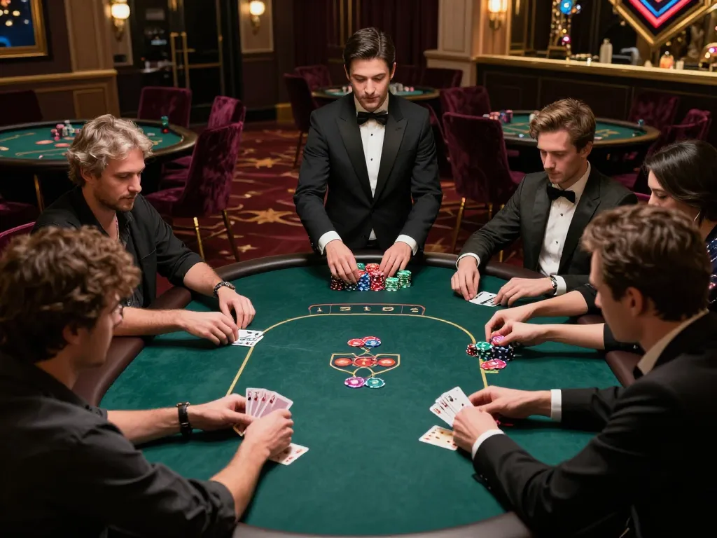 Players engaged in a high-stakes poker game at 678vip's luxurious casino space, showcasing strategic moments.