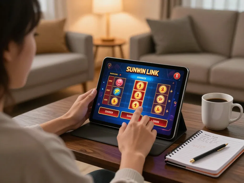 Engaging in online gaming with SUNWIN LINK interface on tablet in cozy atmosphere.