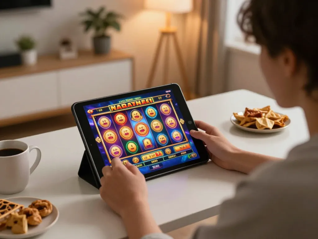Engaging with slot terbaru on a tablet during a cozy home gaming session