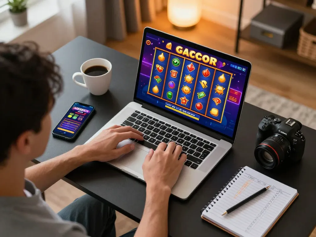 Player engaging with a vibrant slot gacor interface on a laptop, emphasizing online gambling excitement.