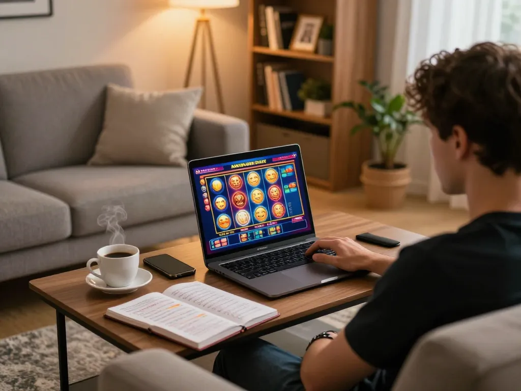 Player immersed in online slots gameplay, highlighting today’s slot gacor hari ini strategies and actions in a cozy home setting.