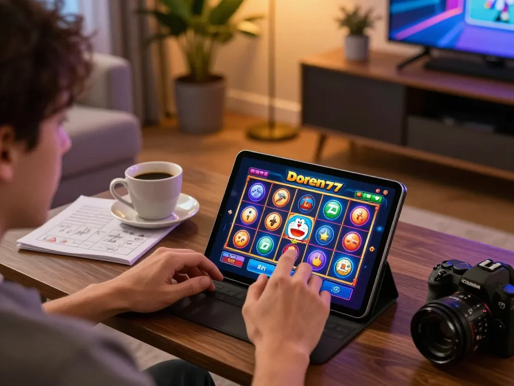 Engaging in BUKA77 Doremon77 slots on tablet while enjoying a cozy gaming environment