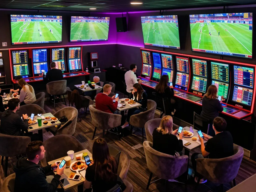 Bong da lu enthusiasts watching a live sports betting match on multiple screens in an energetic lounge.