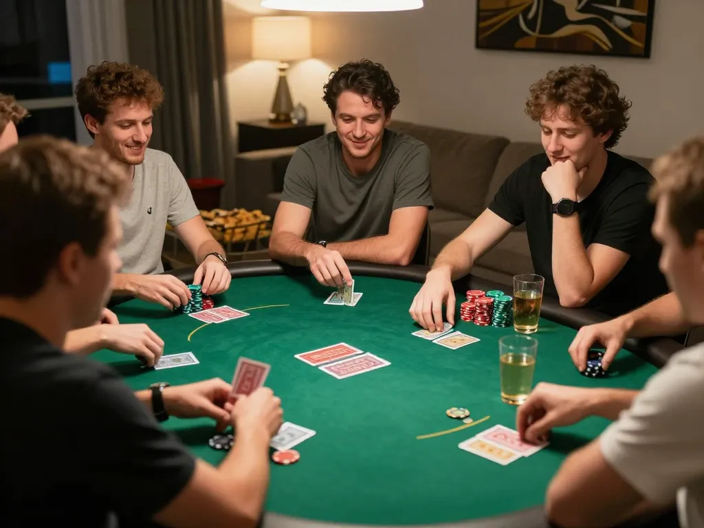 Bet 88 live poker action at a vibrant home game night, showcasing players' excitement and strategy