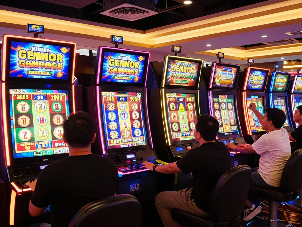Players celebrating wins on slot gacor gampang menang machines in a vibrant casino ambiance.