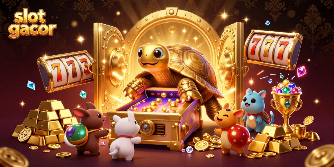 Engage with slot gacor in a vibrant 3D scene featuring a colossal tortoise and treasure.