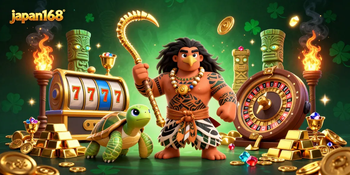 Engage with japan168 as a vibrant Polynesian demigod hawk and turtle explore a colorful casino.