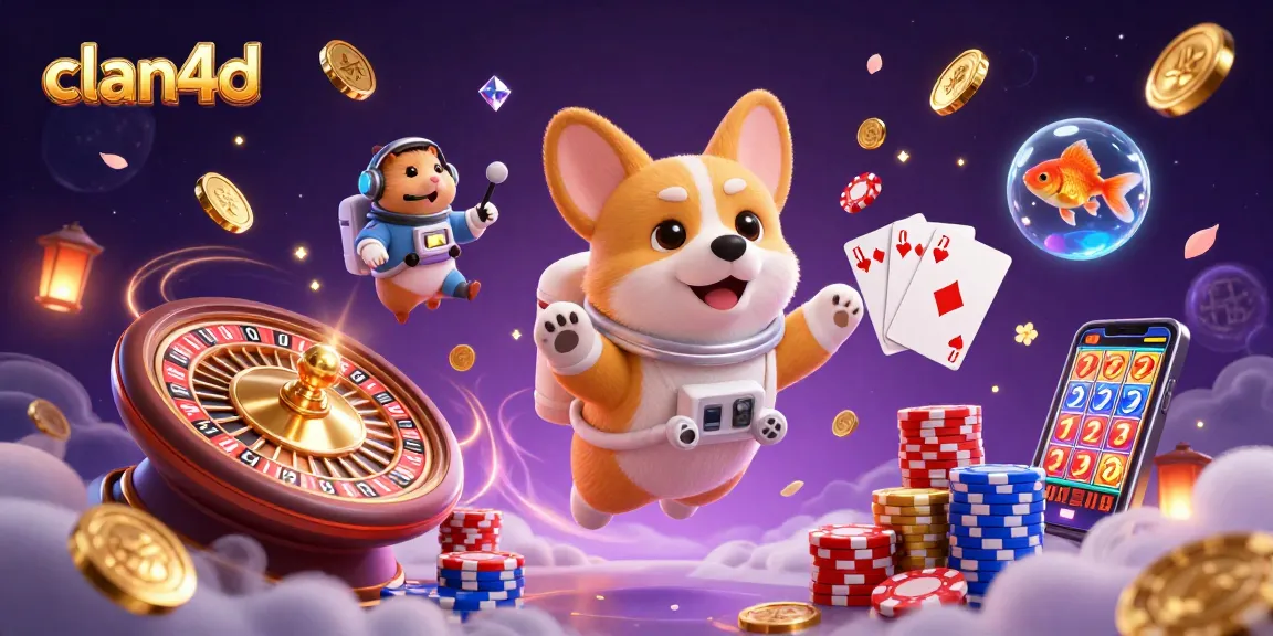 Watch the clan4d astronaut corgi in a vibrant space casino with floating poker chips and golden coins.